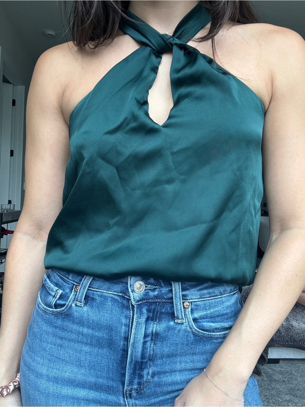 Lulu's Deep Teal Satin Halter Bodysuit with Twist Neck